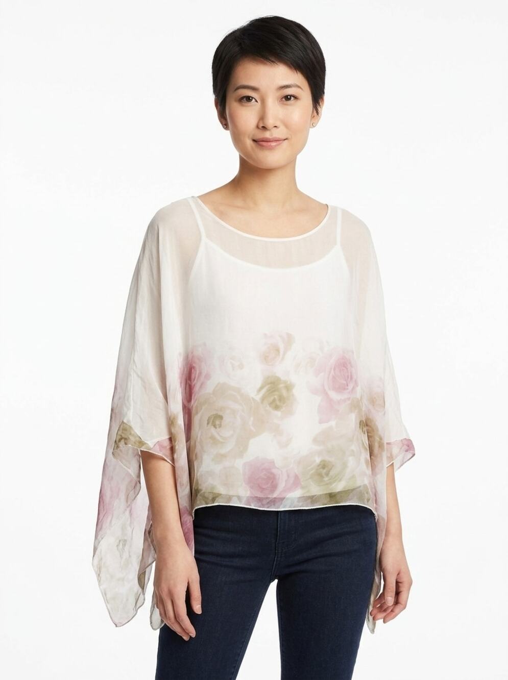 Giusy 100% Silk Made in Italy White Pink Floral Lined Blouse Women Size S